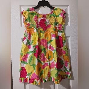 Hanna Andersson Girls 10 Yellow Pink Smocked Short Sleeve Fruit Print Dress EUC